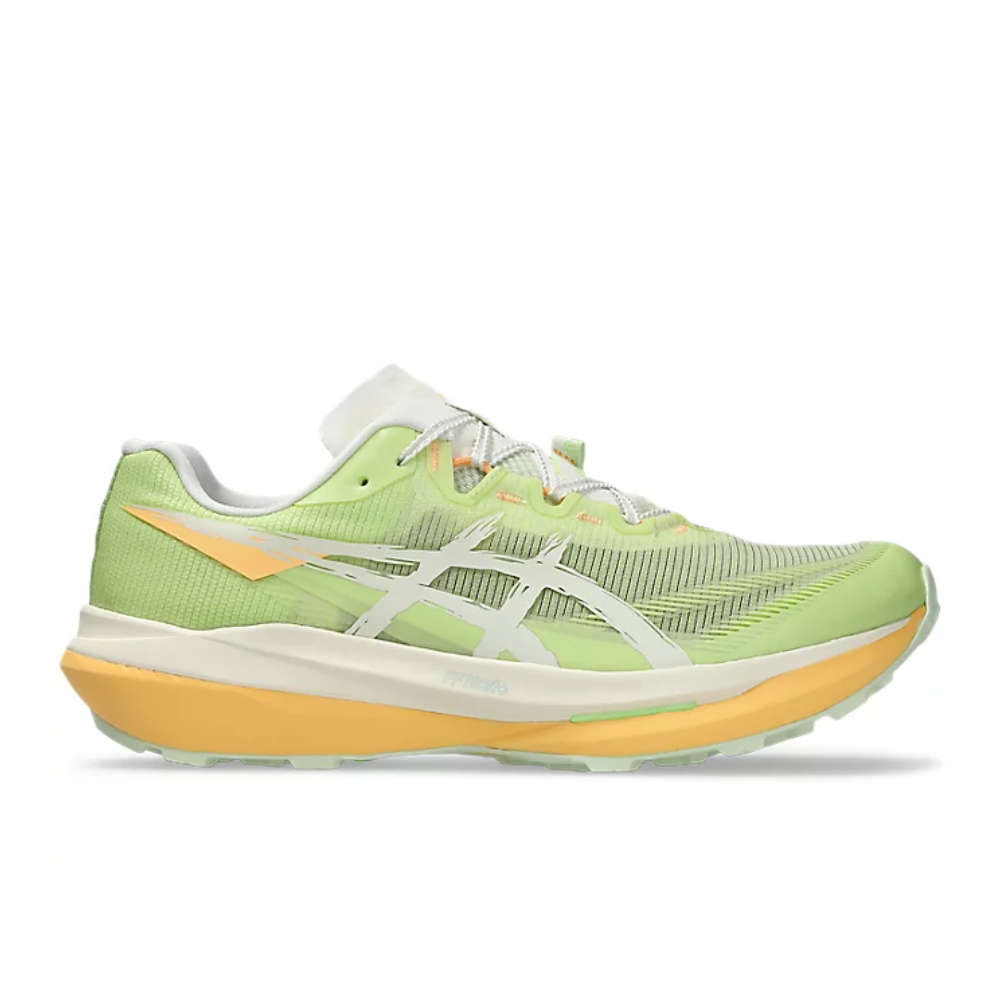 Light green running shoe with yellow sole on a white background