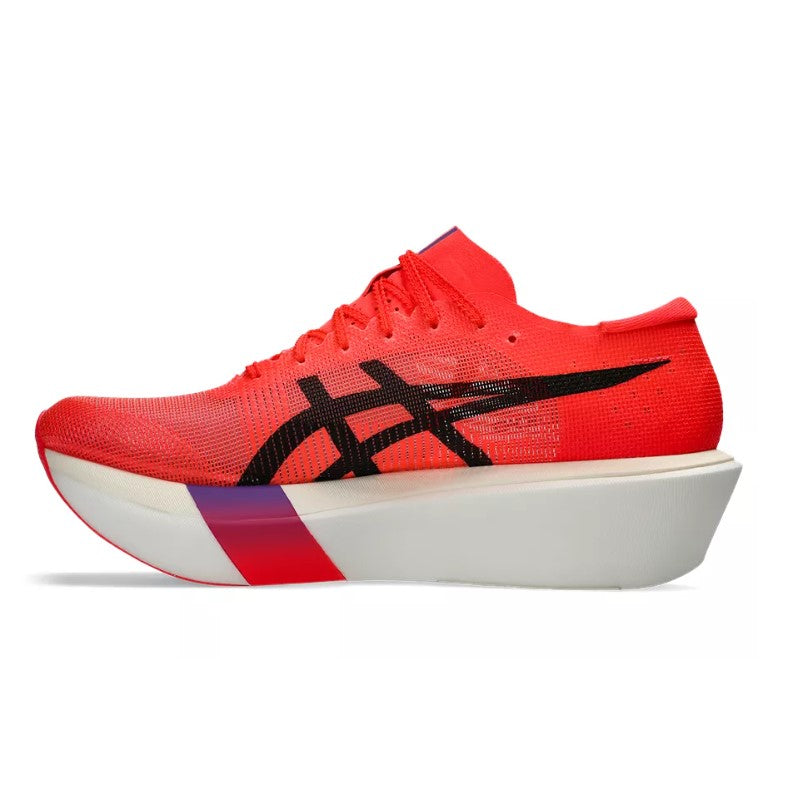 Red running shoe with a white sole on a white background
