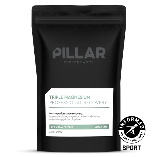 Black package of Pillar Performance Triple Magnesium Professional Recovery powder on a white background