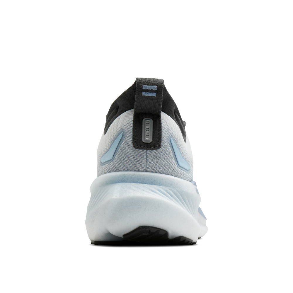 Back view of a gray and black athletic shoe on a white background
