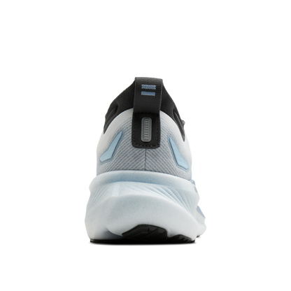 Back view of a gray and black athletic shoe on a white background