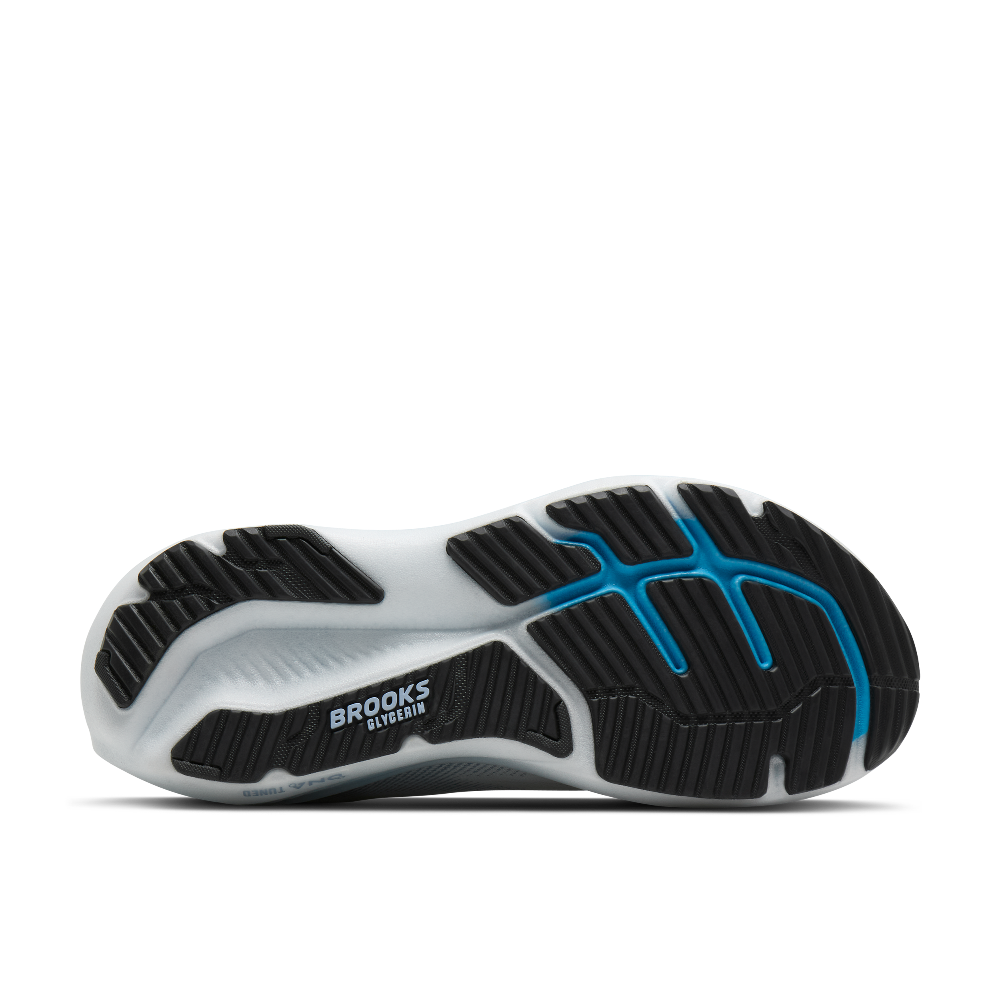 Black and blue running shoe sole with 'Brooks' branding on a white background