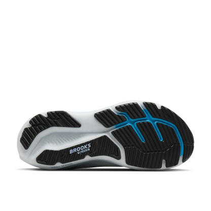 Black and blue running shoe sole with 'Brooks' branding on a white background