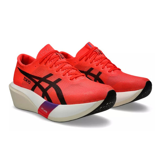 Red running shoes with black accents on a white background