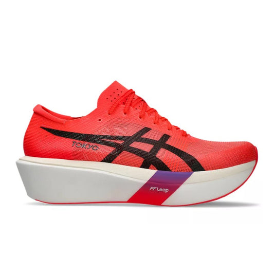 Red running shoe with black accents on a white background