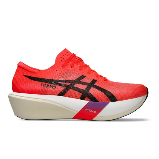 Red running shoe with black and white sole on a white background