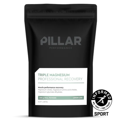 Black package of Pillar Performance Triple Magnesium Professional Recovery powder on a white background